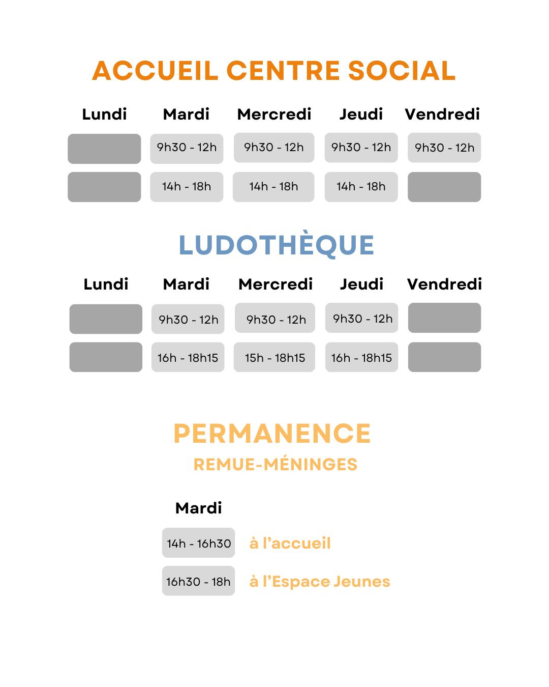 Horaires d'ouverture du Centre Social Nord